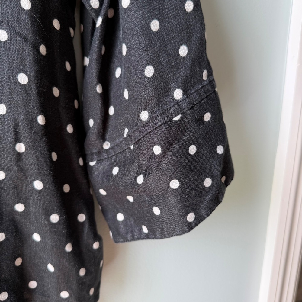 Chico's No-Iron 100% Linen Button Up Shirt Black White Polka Dot Tie Front 3 XL - Picture 5 of 12